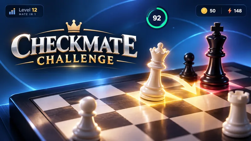 Checkmate Challenge — a 3D chess board showing a queen move highlighted against a black king, with a level timer