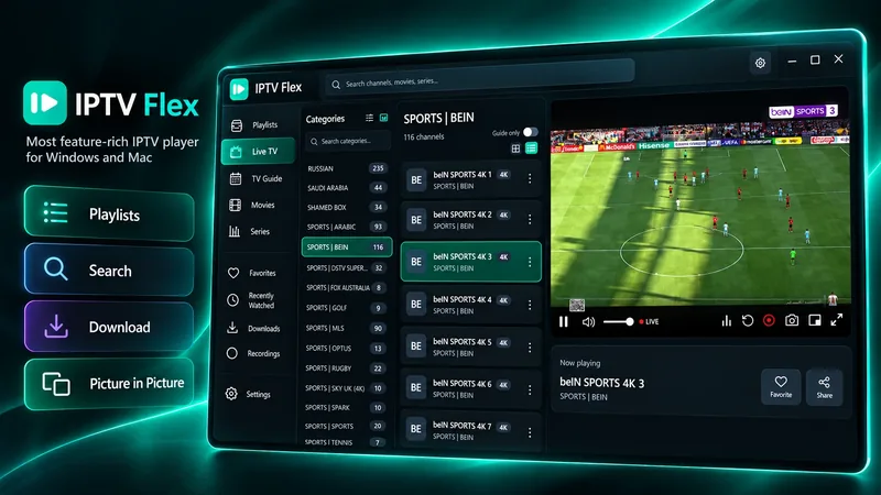 IPTV Flex interface — a dark desktop IPTV player showing channel categories, a channel list, and live sport playing