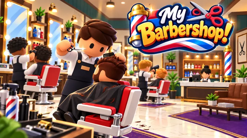 My Barbershop gameplay — a stylised 3D barbershop with barbers cutting hair at red and white chairs