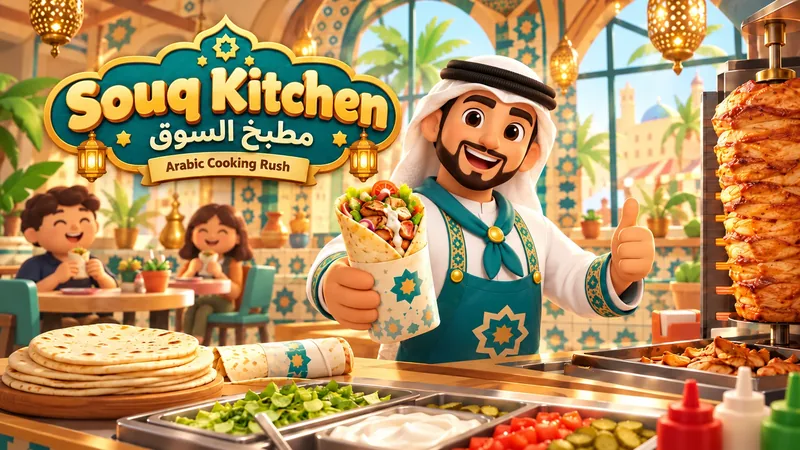 Souq Kitchen gameplay — a stylised Arabic restaurant counter with a chef holding a shawarma wrap
